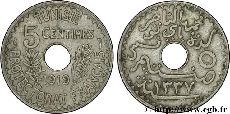 TUNISIA - Protettorato Francese 5 Centimes AH 1337 1919 Paris SPL 