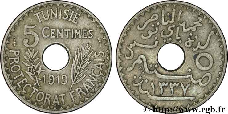 TUNISIE - PROTECTORAT FRANÇAIS 5 Centimes AH 1337 1919 Paris TTB 