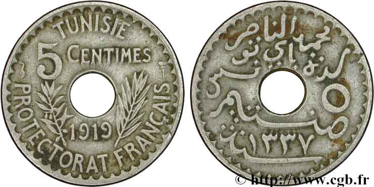 TUNISIA - FRENCH PROTECTORATE 5 Centimes AH 1337 1919 Paris VF 