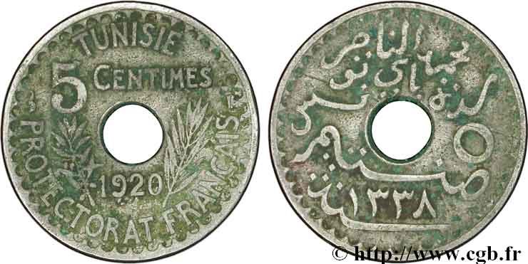 TUNISIA - FRENCH PROTECTORATE 5 Centimes AH1339 1920 Paris VF 