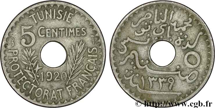 TUNISIA - French protectorate 5 centimes 1920 Paris XF 