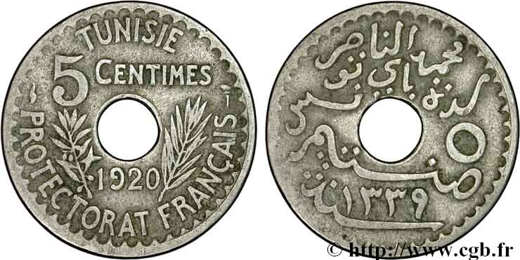 TUNISIA - French protectorate 5 centimes 1920 Paris VF 