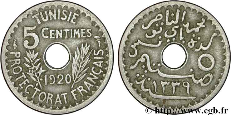 TUNISIA - French protectorate 5 Centimes AH1339 1920 Paris XF 