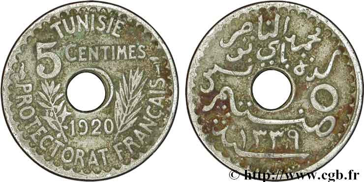 TUNISIA - French protectorate 5 Centimes AH1339 1920 Paris VF 