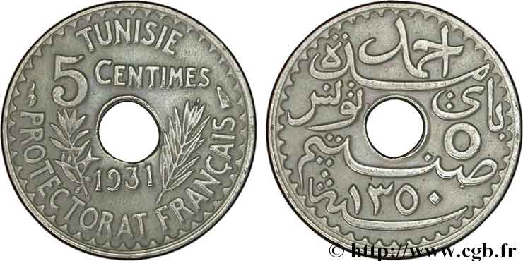 TUNISIE - PROTECTORAT FRANÇAIS 5 Centimes AH1350 1931 Paris SUP 