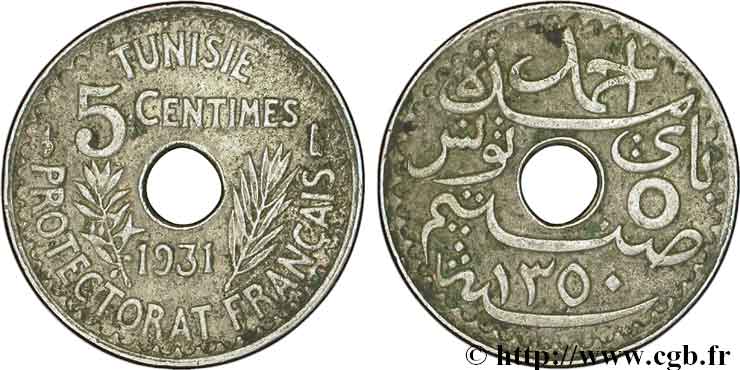 TUNESIEN - Französische Protektorate  5 Centimes AH1350 1931 Paris fVZ 