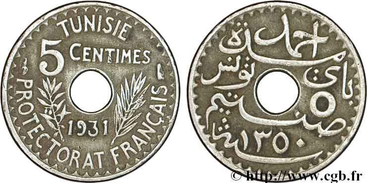 TUNISIA - French protectorate 5 Centimes AH1350 1931 Paris XF 