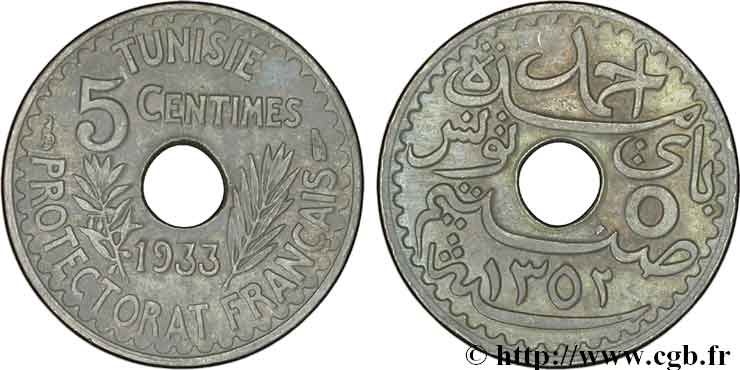 TUNISIA - French protectorate 5 centimes 1933 Paris AU 