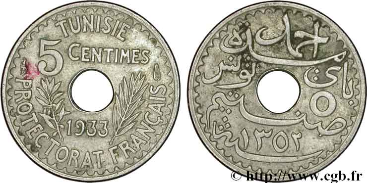 TUNISIE - PROTECTORAT FRANÇAIS 5 centimes 1933 Paris TTB+ 
