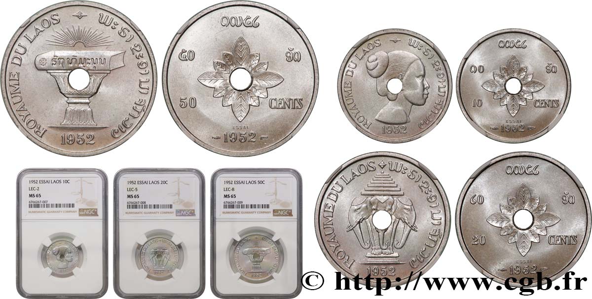 LAO Lot 10, 20 et 50 cents 1952 Paris FDC65 NGC
