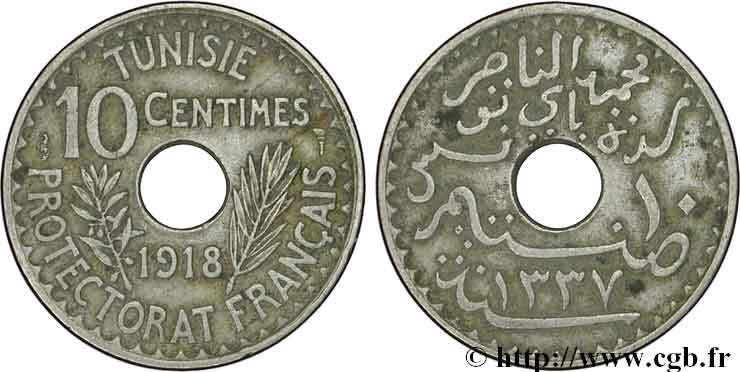 TUNEZ - Protectorado Frances 10 Centimes AH 1337 1918 Paris BC+ 