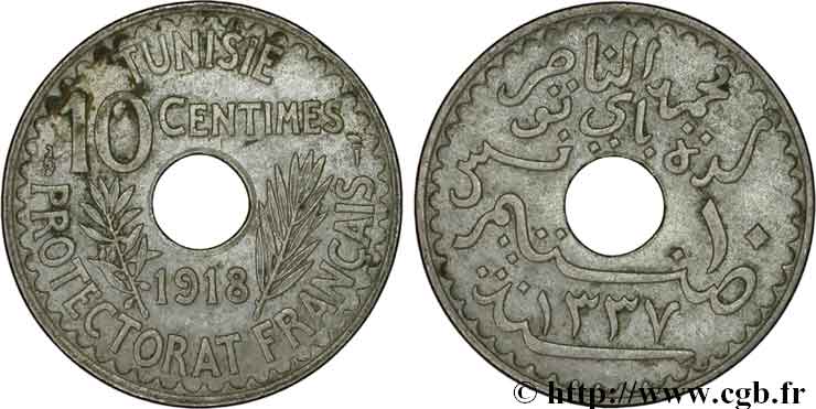 TUNISIA - French protectorate 10 Centimes AH 1337 1918 Paris XF 