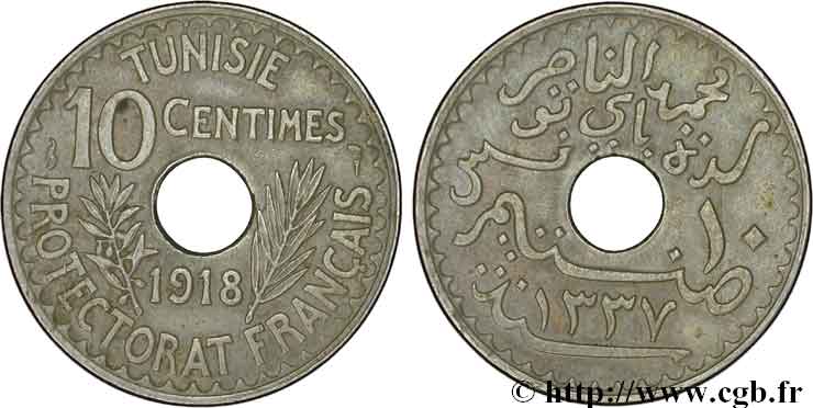 TUNEZ - Protectorado Frances 10 Centimes AH 1337 1918 Paris MBC+ 