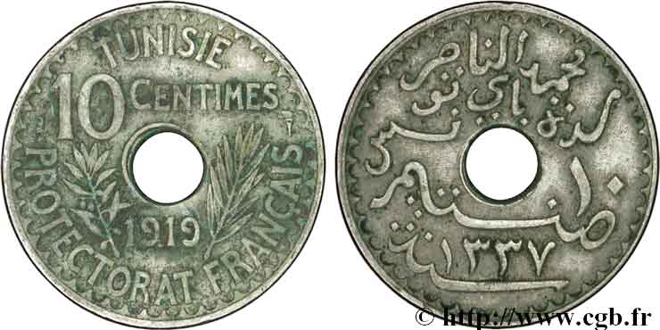 TUNEZ - Protectorado Frances 10 Centimes AH 1337 1919 Paris BC 