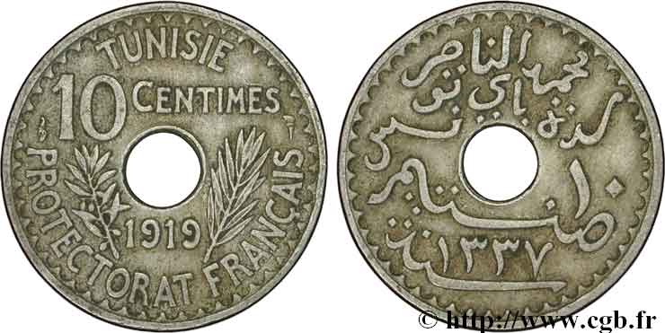 TUNISIA - French protectorate 10 Centimes AH 1337 1919 Paris VF 