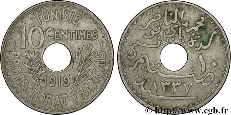 TUNISIA - Protettorato Francese 10 Centimes AH 1337 1919 Paris BB 