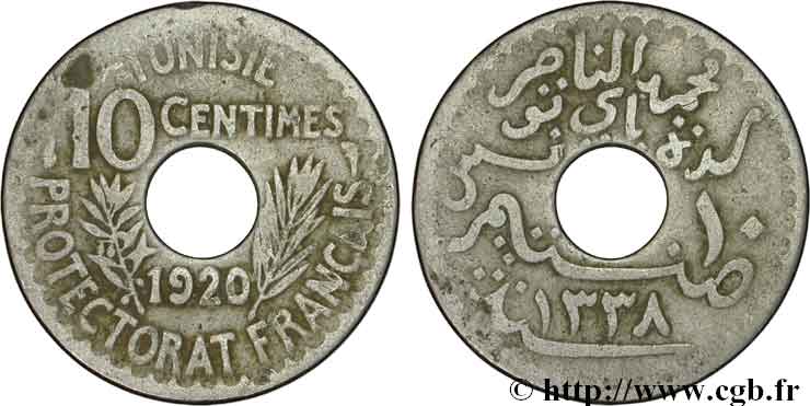 TUNISIA - Protettorato Francese 10 Centimes AH1338 1920 Paris q.SPL 