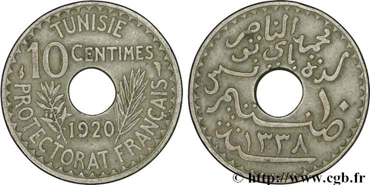 TUNISIA - French protectorate 10 Centimes AH1338 1920 Paris VF 