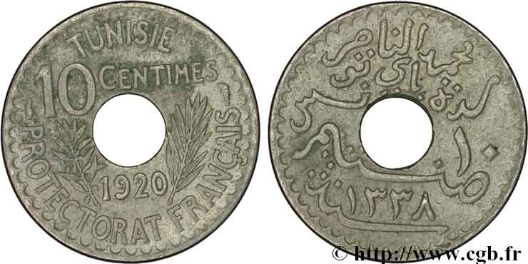 TUNISIA - Protettorato Francese 10 Centimes AH1338 1920 Paris BB 