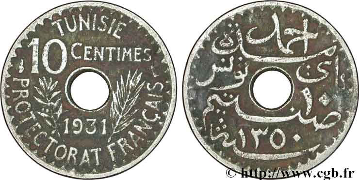TUNISIA - French protectorate 10 Centimes AH1338 1931 Paris AU 