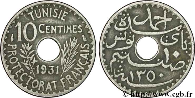 TUNISIA - French protectorate 10 Centimes AH1351 1931 Paris VF 