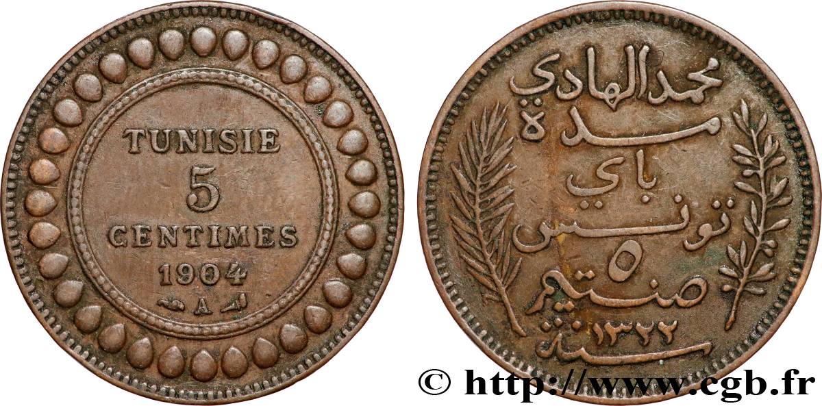 TUNISIA - French protectorate 5 Centimes AH1322 1904 Paris XF 