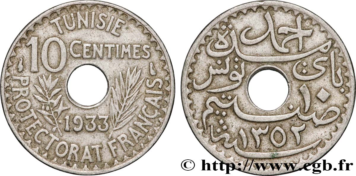 TUNISIA - FRENCH PROTECTORATE 10 Centimes AH 1352 1933 Paris XF 