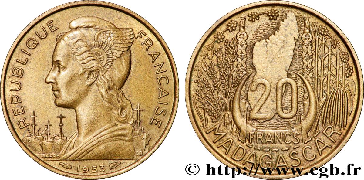 MADAGASCAR French Union 20 Francs 1953 Paris AU 