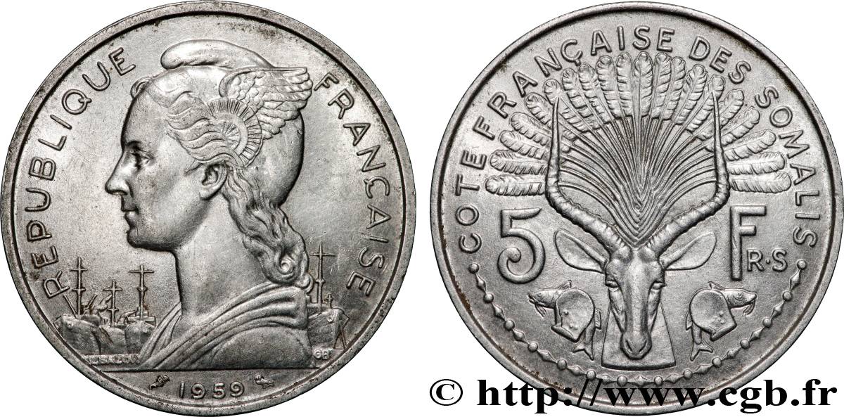 FRENCH SOMALILAND 5 Francs 1959 Paris AU 