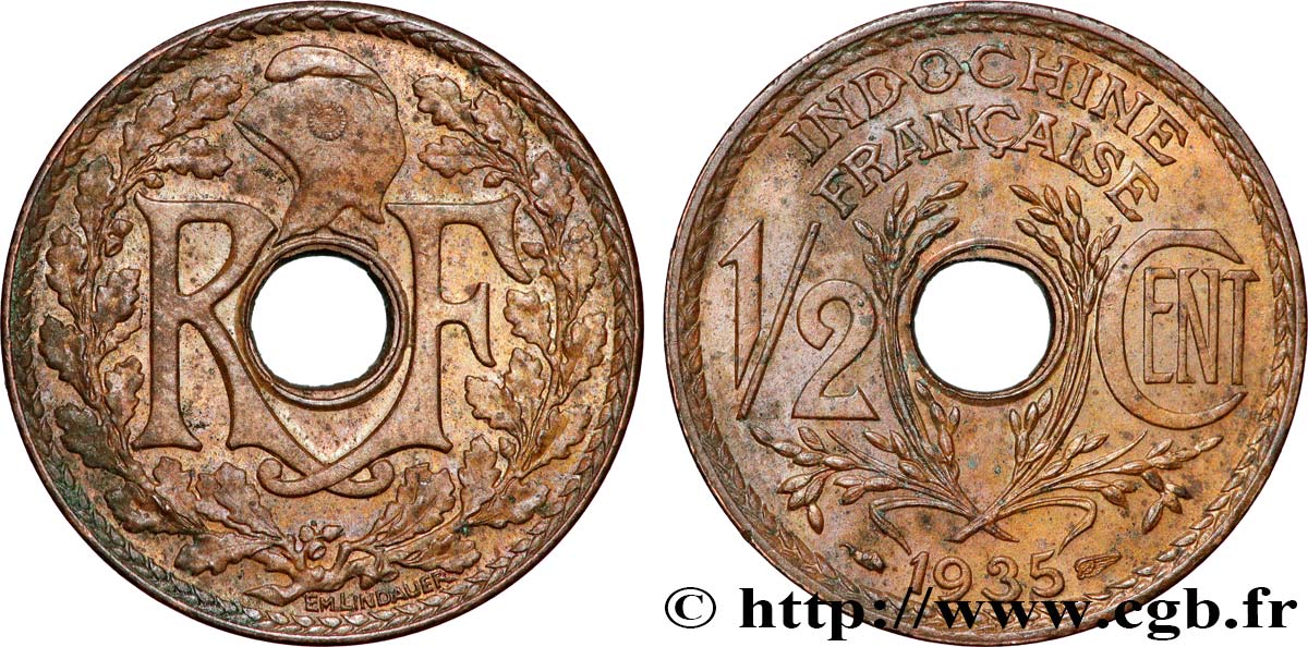 FRENCH INDOCHINA 1/2 Centième 1935 Paris XF 