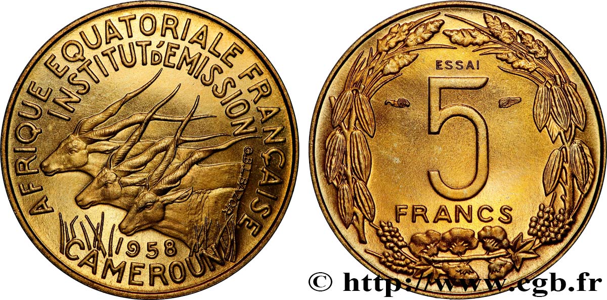 AFRICA EQUATORIALE FRANCESE - CAMERUN Essai de 5 Francs 1958 Paris MS 