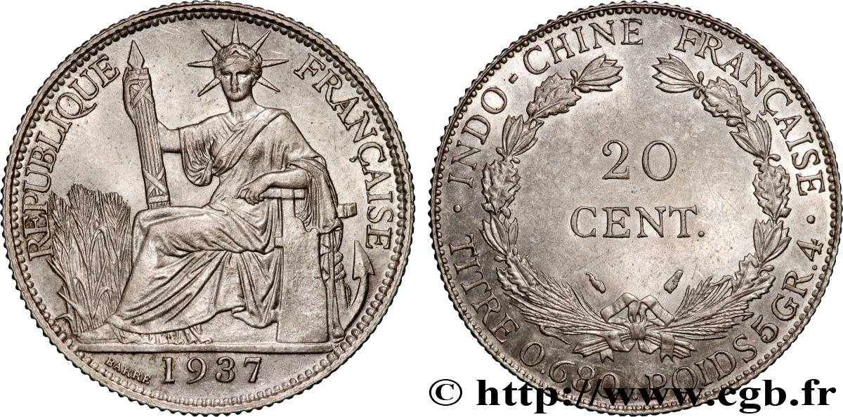 FRENCH INDOCHINA 20 Centièmes 1937 Paris AU 