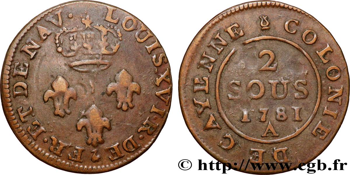FRENCH GUYANA Faux 2 Sous colonies de Cayenne 1e type  1781 Paris - A VF 