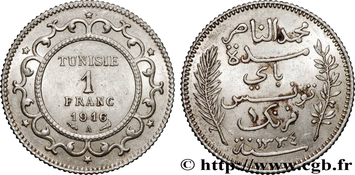 TUNISIA - Protettorato Francese 1 Franc au nom du Bey Mohamed En-Naceur an 1334 1916 Paris - A q.SPL 