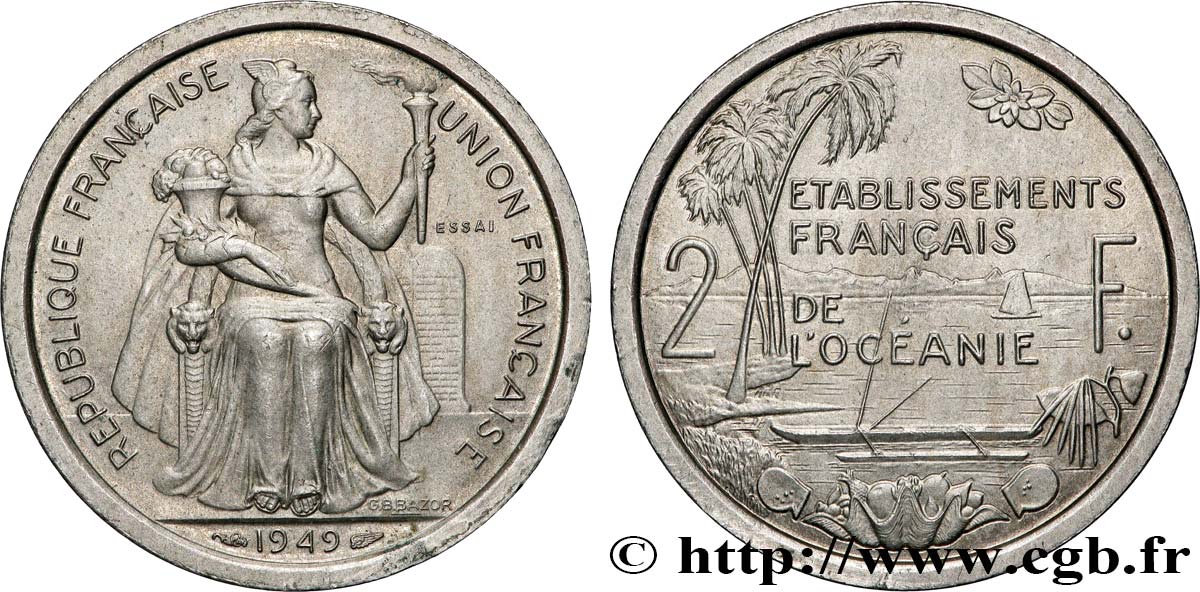 POLYNÉSIE FRANÇAISE - Océanie française Essai de 2 Francs Établissements français de l’Océanie 1949 Paris SPL 