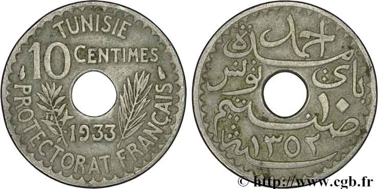 TUNEZ - Protectorado Frances 10 Centimes AH 1352 1933 Paris BC+ 