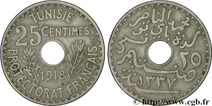 TUNISIA - French protectorate 25 Centimes AH1337 1918 Paris XF 