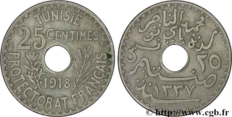 TUNISIA - FRENCH PROTECTORATE 25 Centimes AH1337 1918 Paris AU 