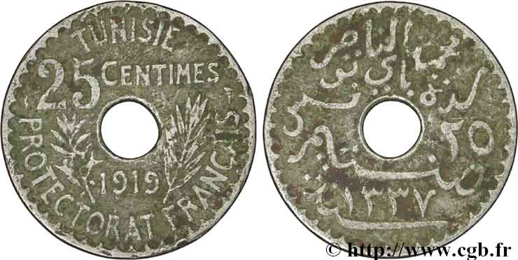 TUNISIA - French protectorate 25 Centimes 1919 Paris VG 
