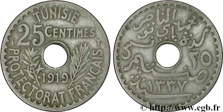 TUNISIA - FRENCH PROTECTORATE 25 Centimes 1919 Paris VF 