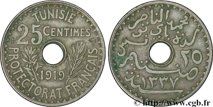 TUNISIA - French protectorate 25 Centimes AH1337 1919 Paris AU 
