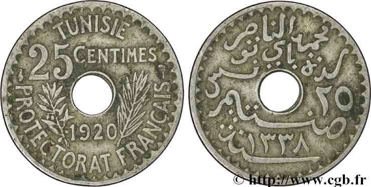 TUNISIA - French protectorate 25 Centimes AH1338 1920 Paris VF 