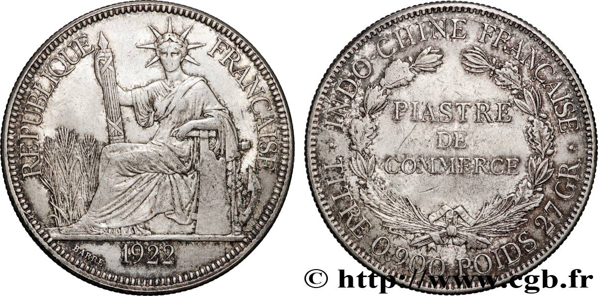 FRENCH INDOCHINA 1 Piastre de Commerce 1922 San Francisco XF 
