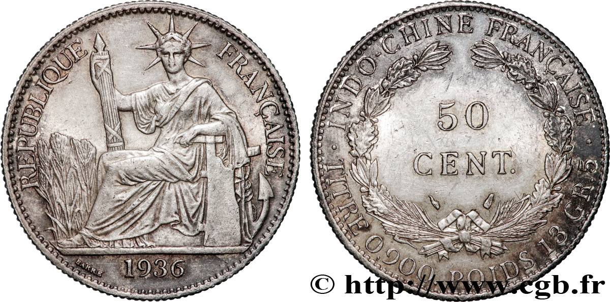 INDOCHINE FRANÇAISE 50 Centièmes 1936 Paris TTB+/SUP 