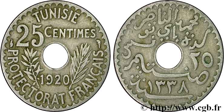 TUNISIE - PROTECTORAT FRANÇAIS 25 Centimes AH1338 1920 Paris TB+ 