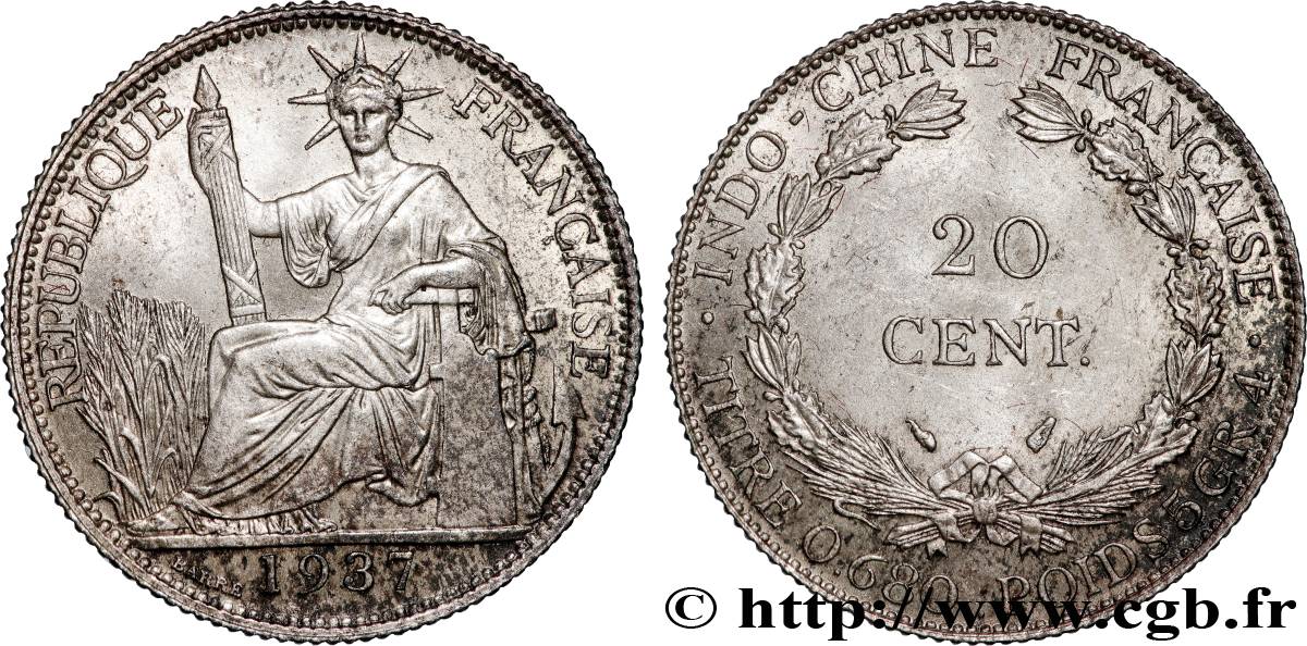 INDOCINA FRANCESE 20 Centièmes 1937 Paris SPL 