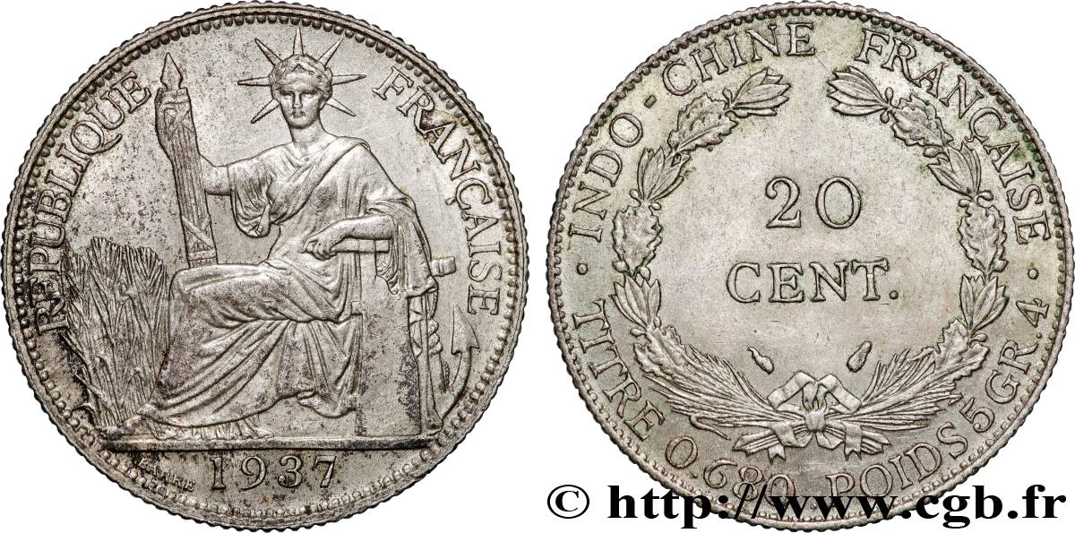 INDOCHINA 20 Centièmes 1937 Paris EBC 