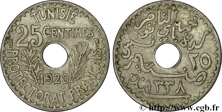 TUNISIA - French protectorate 25 Centimes AH1338 1920 Paris XF 