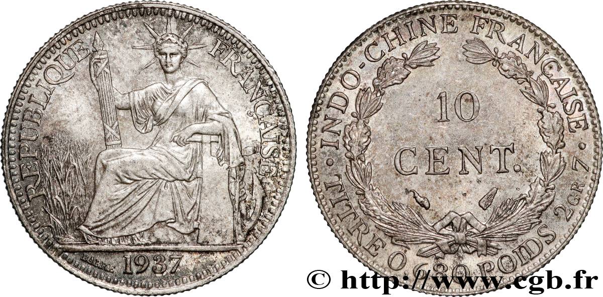 INDOCINA FRANCESE 10 Centièmes 1937 Paris MS 