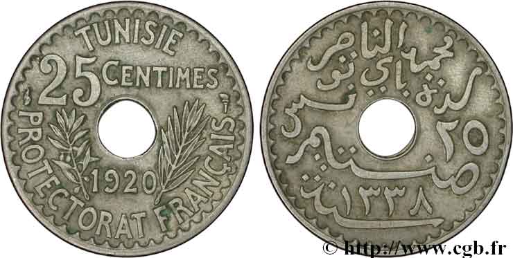 TUNISIA - French protectorate 25 Centimes AH1338 1920 Paris AU 